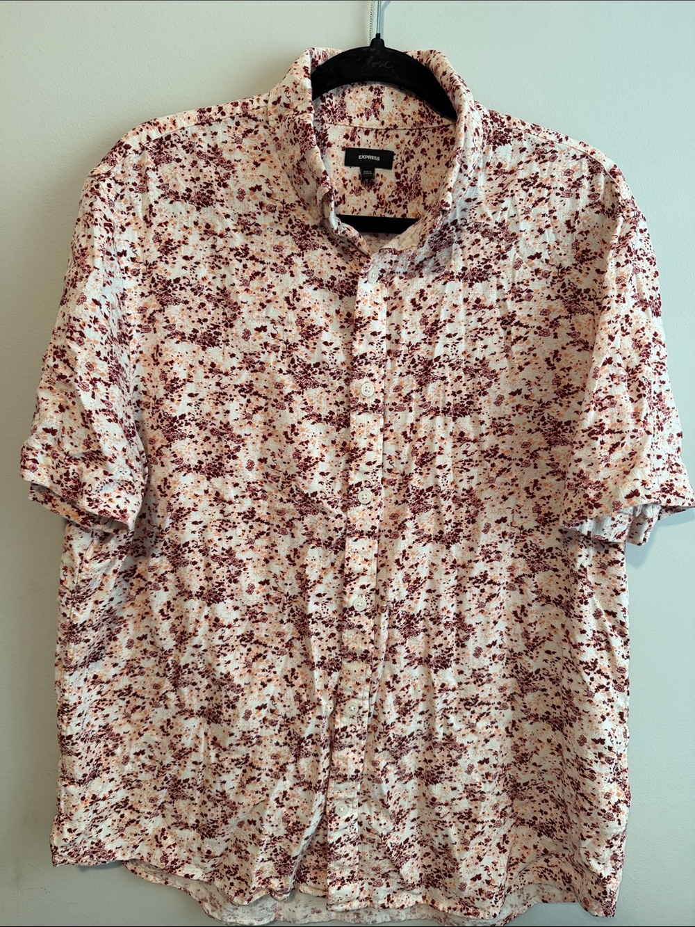 Express Men's Short Sleeve Button-Down Shirt - White with Burgundy Print